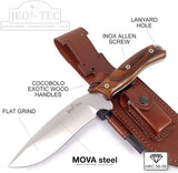 JEO-TEC Nº9 - Cocobolo Wood Handles - Stainless Steel Mova 58 - Multi-positioned Leather Sheath - Firesteel - Sharpener Stone