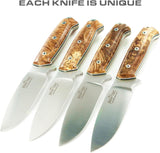 JEO-TEC Nº1 The ONE - Curly Birch Stabilized Wood Handle - BOHLER N690C Stainless Steel - Multi-positioned Leather Sheath - Firesteel - Sharpener Stone