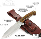 JEO-TEC Nº39 - Cocobolo Wood Handle - Stainless Steel Mova 58 - Multi-positioned Leather Sheath - Firesteel - Sharpener Stone