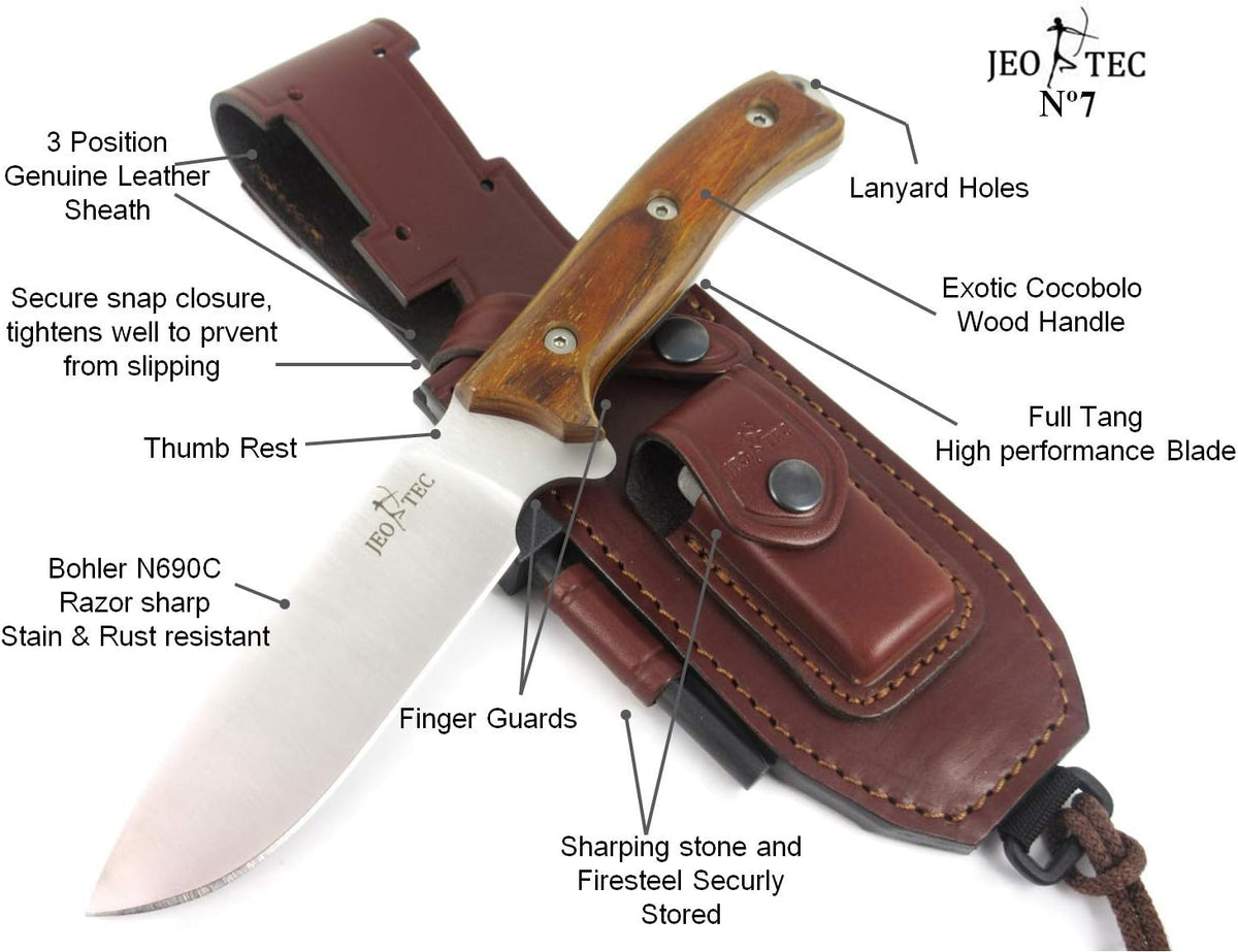  JEO-TEC Nº45 Fixed Blade Bushcraft Knife for Survival Camping Hunting  Fishing, Full Tang Knife 11 Overall, Sheath + Firesteel + Sharpener Stone,  Handmade : Sports & Outdoors