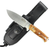 JEO-TEC Nº1 The ONE - Curly Birch Stabilized Wood Handle - BOHLER N690C Stainless Steel - Multi-positioned Leather Sheath - Firesteel - Sharpener Stone