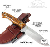 JEO-TEC Nº29 - Cocobolo wood handle - Stainless Steel Mova 58 - Multi-positioned Leather Sheath - Firesteel - Sharpener Stone