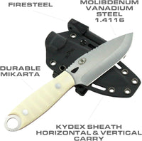 JEO-TEC Nº10 - Ivory Mikarta Handle - MOVA Stainless Steel - Multi-positioned Kydex Sheath - Firesteel