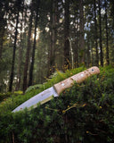 JEO-TEC Nº18 - Curly Birch Handle - Stainless Steel Sandvik 14c28n - Leather Sheath + Firesteel