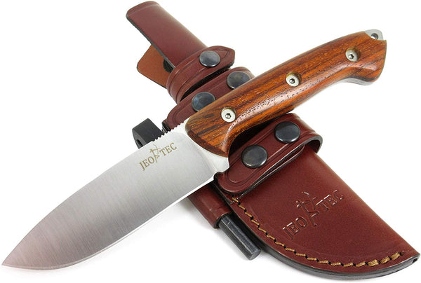 JEO-TEC Nº31 - Cocobolo Exotic Wood Handle - Stainless Steel Mova 58 - Multi-positioned Leather Sheath - Firesteel - Sharpener Stone